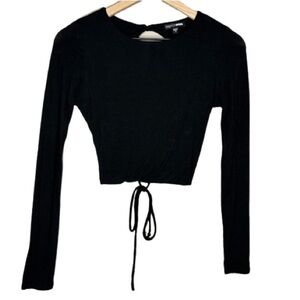 Women's S Fashion Nova Black Crop Open Tie Up Back Long Sleeve Scoop Neck